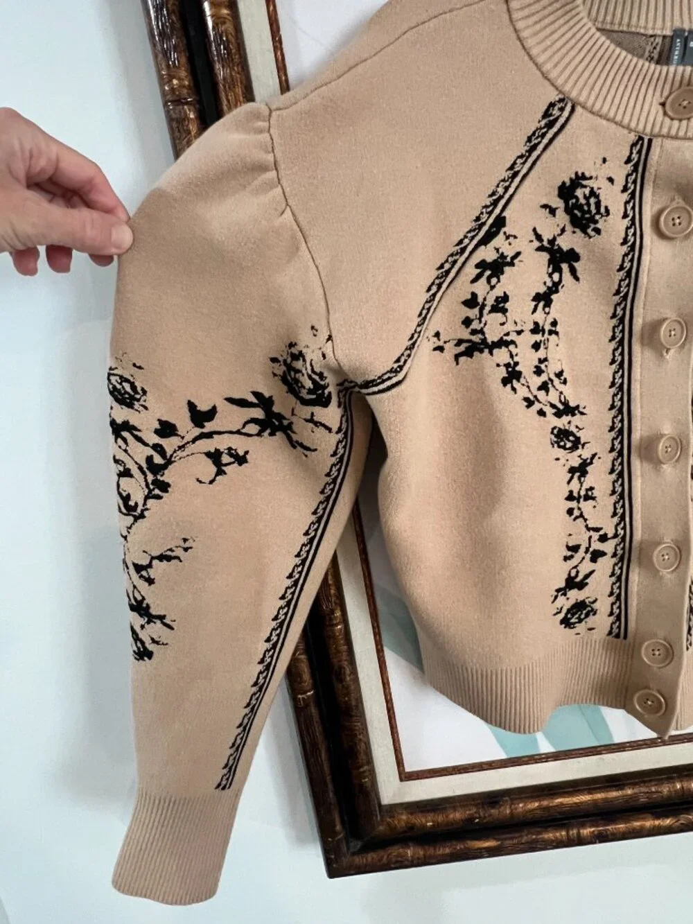 Anthropologie Embroidered Cardigan XS | Tan Floral Knit | Feminine Puff Sleeve - Picture 6 of 15